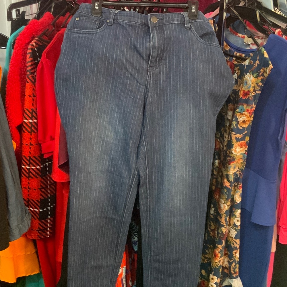 Ashley Stewart Navy Pinstripe Straight Leg Jeans